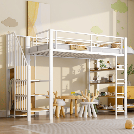 Cama alta 90*200 cm - Com escada de segurança, arrumação, pequeno armário, prateleiras, design com cerca alta - Branco
