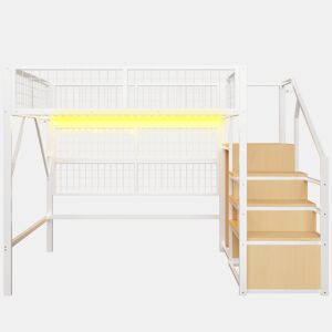 Cama alta metálica 140*200 cm - Com escada, arrumação e luzes LED controladas por APP - Branca