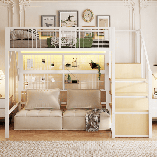 Cama alta metálica 140*200 cm - Com escada, arrumação e luzes LED controladas por APP - Branca