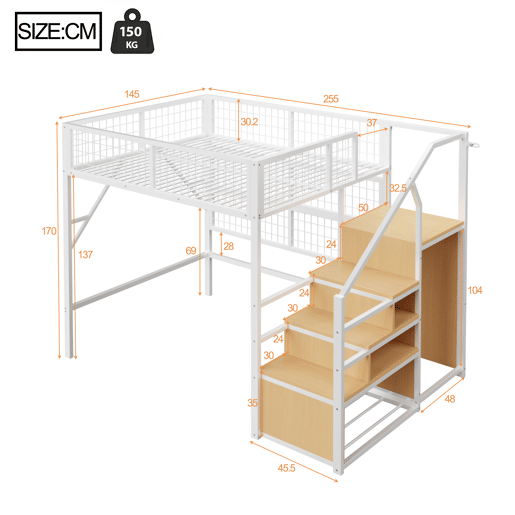 Cama alta metálica 140*200 cm - Com escada, arrumação e luzes LED controladas por APP - Branca