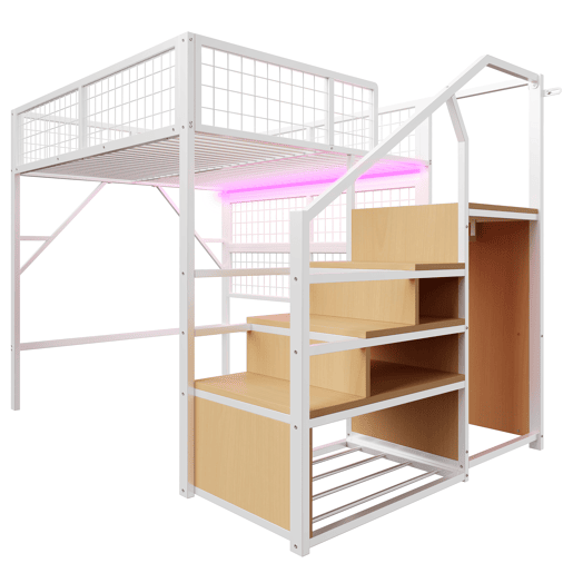 Cama alta metálica 140*200 cm - Com escada, arrumação e luzes LED controladas por APP - Branca