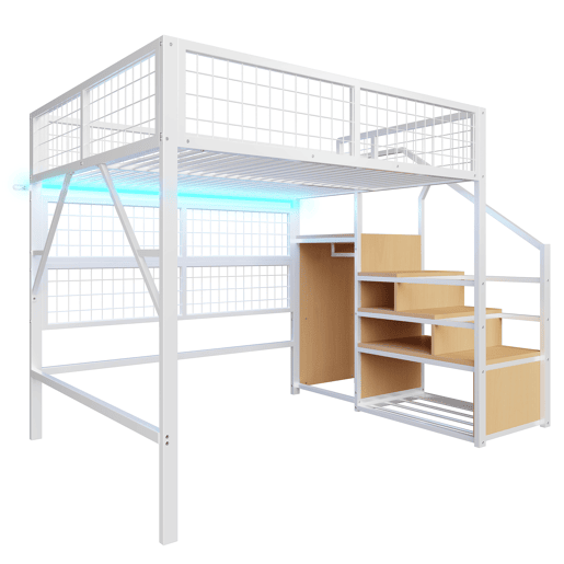 Cama alta metálica 140*200 cm - Com escada, arrumação e luzes LED controladas por APP - Branca
