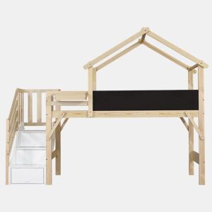 Cama mezzanine em madeira 90x200 cm - com ardósia e escada de arrumação - Natural