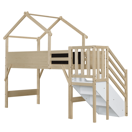 Cama mezzanine em madeira 90x200 cm - com ardósia e escada de arrumação - Natural