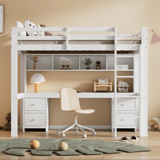 Cama mezzanine 90x200 cm - com secretária e 2 cómodas - pinho maciço e MDF - Branco