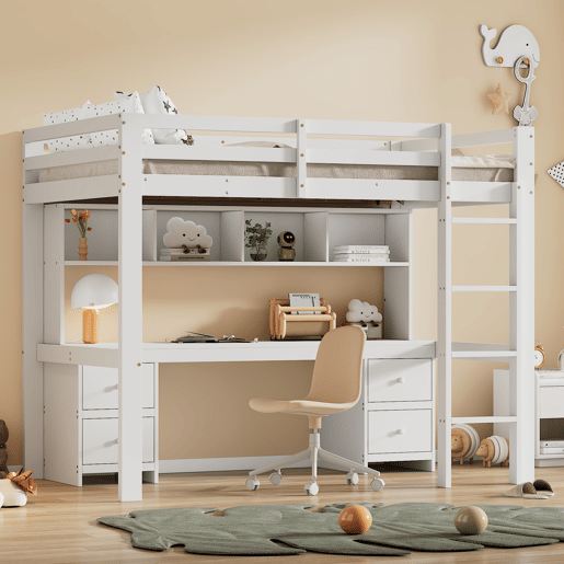 Cama mezzanine 90x200 cm - com secretária e 2 cómodas - pinho maciço e MDF - Branco