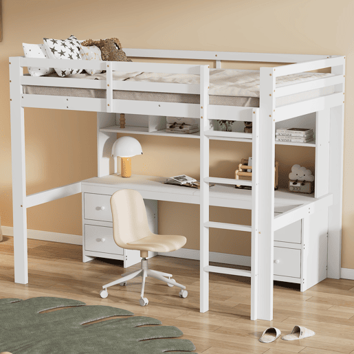 Cama mezzanine 90x200 cm - com secretária e 2 cómodas - pinho maciço e MDF - Branco