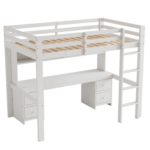 Cama mezzanine 90x200 cm - com secretária e 2 cómodas - pinho maciço e MDF - Branco