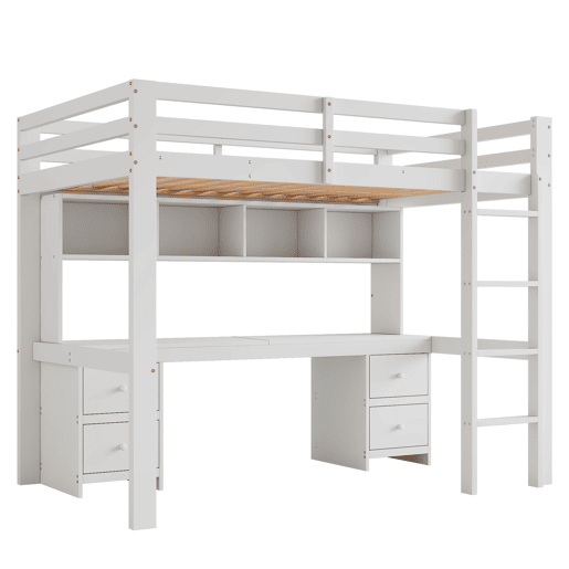 Cama mezzanine 90x200 cm - com secretária e 2 cómodas - pinho maciço e MDF - Branco