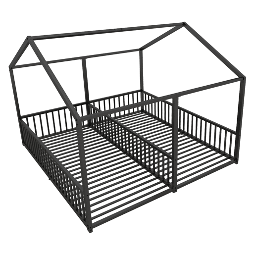 Cama-cama de ferro 2x90x200cm - com teto e estrado de ripas - Preto