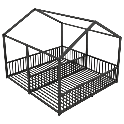 Cama-cama de ferro 2x90x200cm - com teto e estrado de ripas - Preto
