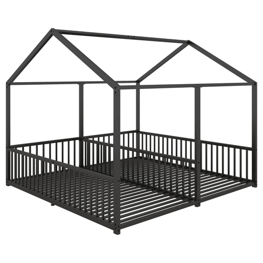 Cama-cama de ferro 2x90x200cm - com teto e estrado de ripas - Preto