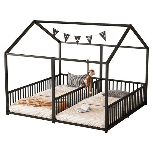 Cama-cama de ferro 2x90x200cm - com teto e estrado de ripas - Preto