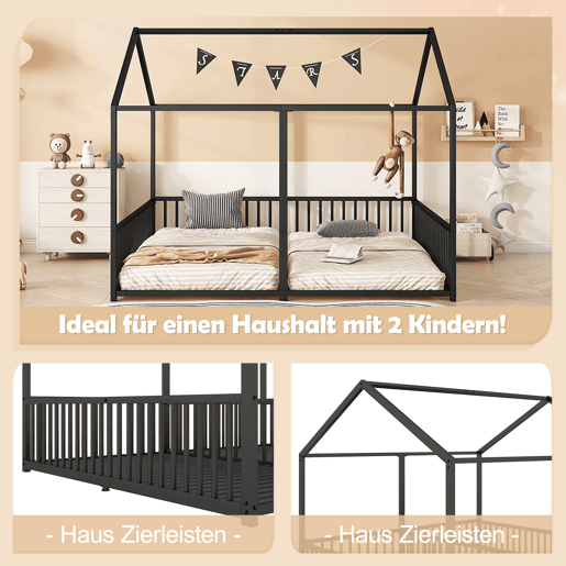 Cama-cama de ferro 2x90x200cm - com teto e estrado de ripas - Preto