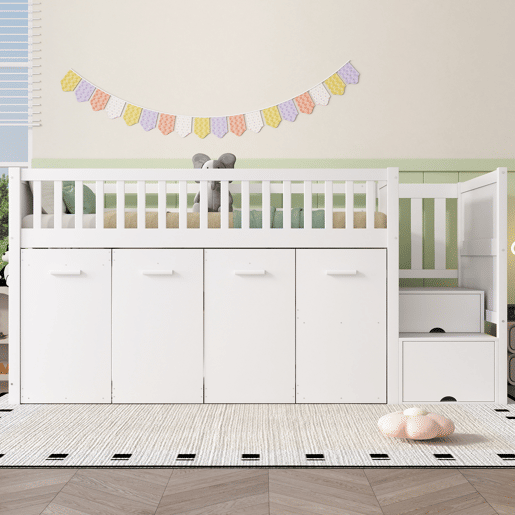 Cama mezzanine em madeira 90x200 cm - com secretáriagabinetearmário extraível e escada de arrumação - Branco