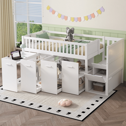 Cama mezzanine em madeira 90x200 cm - com secretáriagabinetearmário extraível e escada de arrumação - Branco