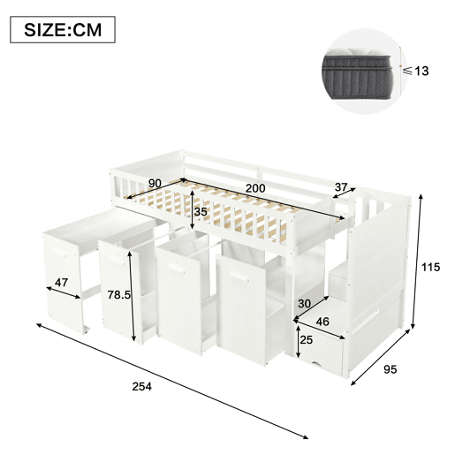 Cama mezzanine em madeira 90x200 cm - com secretáriagabinetearmário extraível e escada de arrumação - Branco