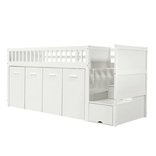 Cama mezzanine em madeira 90x200 cm - com secretáriagabinetearmário extraível e escada de arrumação - Branco