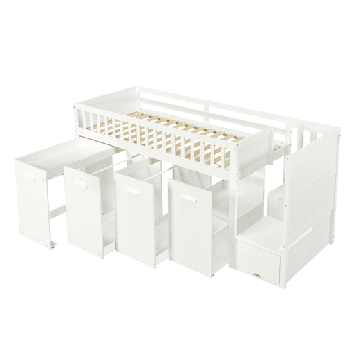 Cama mezzanine em madeira 90x200 cm - com secretáriagabinetearmário extraível e escada de arrumação - Branco