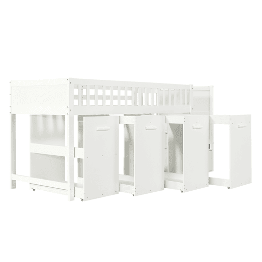 Cama mezzanine em madeira 90x200 cm - com secretáriagabinetearmário extraível e escada de arrumação - Branco