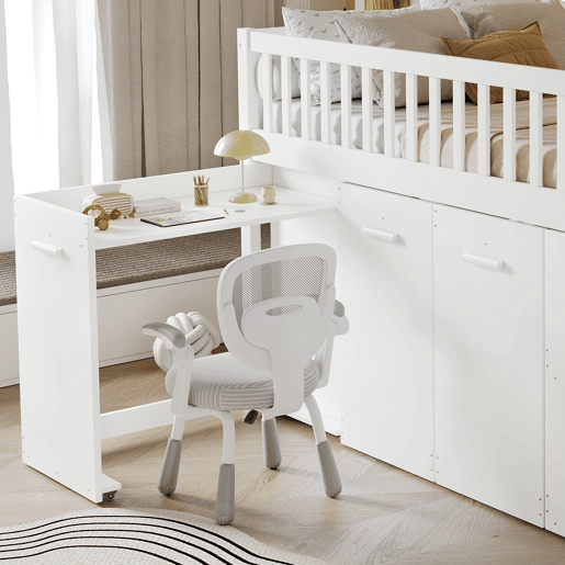 Cama mezzanine em madeira 90x200 cm - com secretáriagabinetearmário extraível e escada de arrumação - Branco