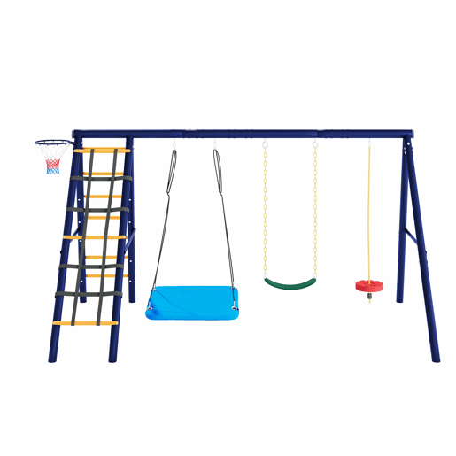 Conjunto de baloiços multifuncionais para exterior - 3 baloiços + estrutura para escalada + cesto de basquetebol, combinação de baloiços para exterior, baloiço suspenso, baloiço com cinto, baloiço com corda para escalada, paraíso de jogos para exterior