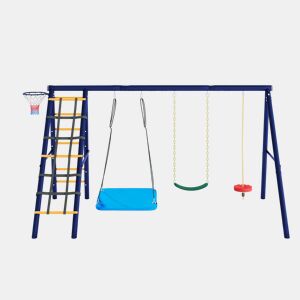 Conjunto de baloiços multifuncionais para exterior - 3 baloiços + estrutura para escalada + cesto de basquetebol, combinação de baloiços para exterior, baloiço suspenso, baloiço com cinto, baloiço com corda para escalada, paraíso de jogos para exterior