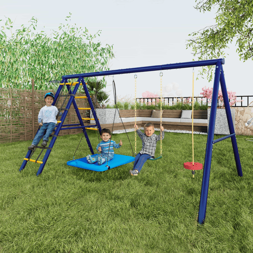 Conjunto de baloiços multifuncionais para exterior - 3 baloiços + estrutura para escalada + cesto de basquetebol, combinação de baloiços para exterior, baloiço suspenso, baloiço com cinto, baloiço com corda para escalada, paraíso de jogos para exterior