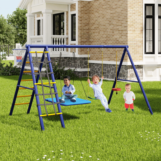 Conjunto de baloiços multifuncionais para exterior - 3 baloiços + estrutura para escalada + cesto de basquetebol, combinação de baloiços para exterior, baloiço suspenso, baloiço com cinto, baloiço com corda para escalada, paraíso de jogos para exterior