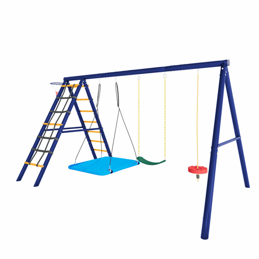 Conjunto de baloiços multifuncionais para exterior - 3 baloiços + estrutura para escalada + cesto de basquetebol, combinação de baloiços para exterior, baloiço suspenso, baloiço com cinto, baloiço com corda para escalada, paraíso de jogos para exterior