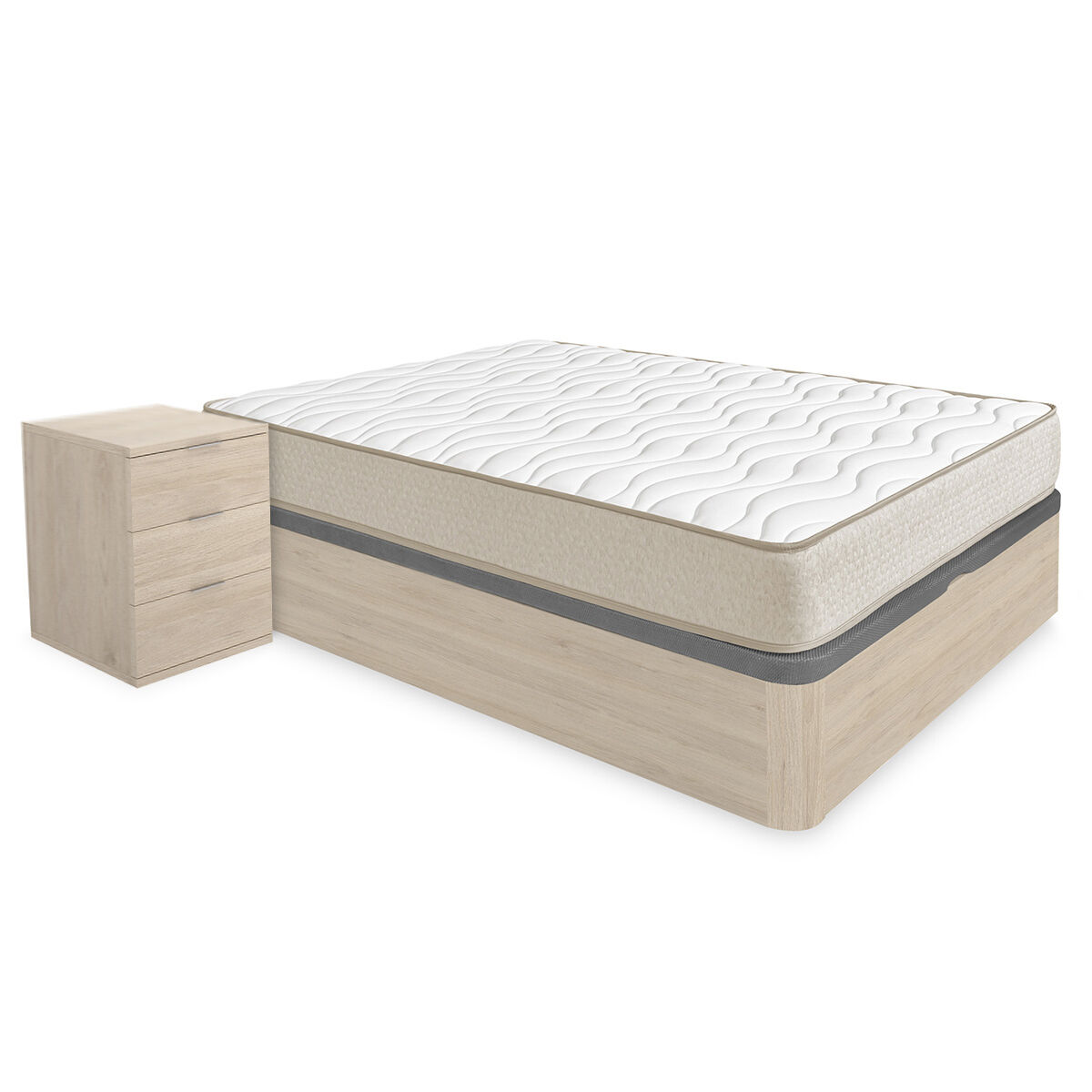 Pack ahorro matrimonio canapé round roble con colchón viscoelástico nova plus 135 x 190 cm y 2 mesitas de noche rio