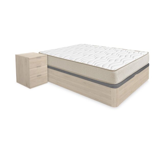 Pack ahorro matrimonio canapé round roble con colchón viscoelástico nova plus 135 x 190 cm y 2 mesitas de noche rio