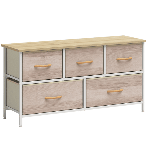HOMCOM Cómoda com 5 Gavetas de Tecido Cómoda para Quarto Estrutura Metálica Cómoda para Sala Escritório Closet Madeira e Branco
