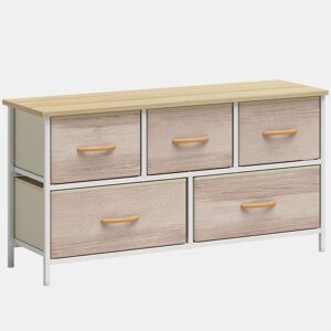 HOMCOM Cómoda com 5 Gavetas de Tecido Cómoda para Quarto Estrutura Metálica Cómoda para Sala Escritório Closet Madeira e Branco
