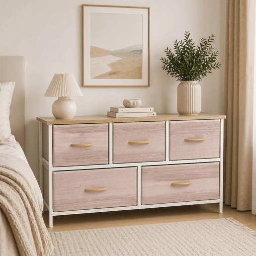 HOMCOM Cómoda com 5 Gavetas de Tecido Cómoda para Quarto Estrutura Metálica Cómoda para Sala Escritório Closet Madeira e Branco