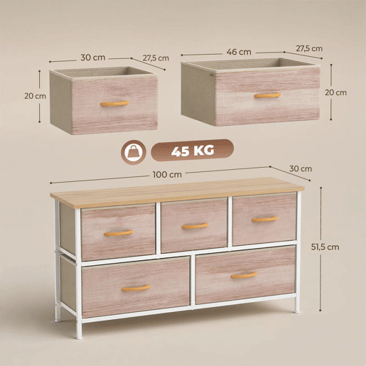 HOMCOM Cómoda com 5 Gavetas de Tecido Cómoda para Quarto Estrutura Metálica Cómoda para Sala Escritório Closet Madeira e Branco