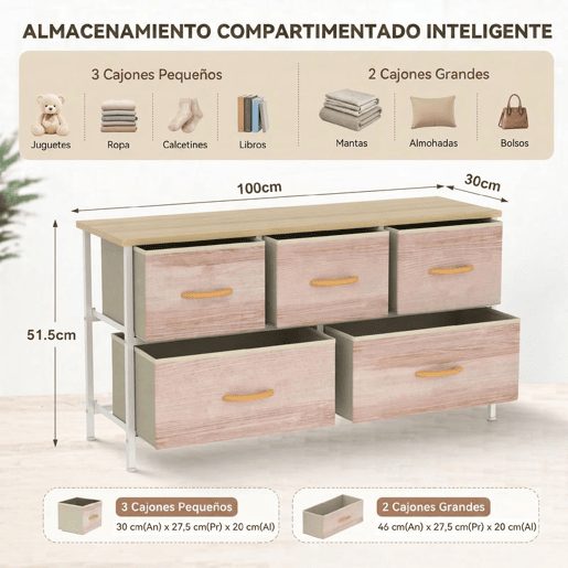 HOMCOM Cómoda com 5 Gavetas de Tecido Cómoda para Quarto Estrutura Metálica Cómoda para Sala Escritório Closet Madeira e Branco