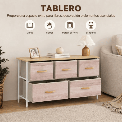 HOMCOM Cómoda com 5 Gavetas de Tecido Cómoda para Quarto Estrutura Metálica Cómoda para Sala Escritório Closet Madeira e Branco