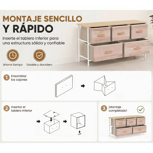 HOMCOM Cómoda com 5 Gavetas de Tecido Cómoda para Quarto Estrutura Metálica Cómoda para Sala Escritório Closet Madeira e Branco