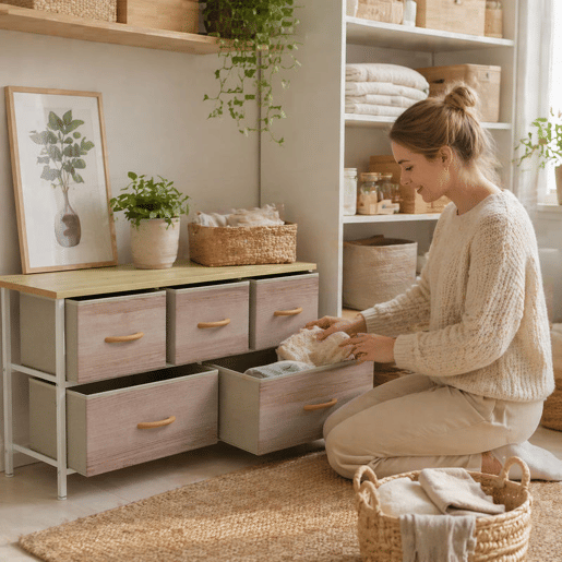 HOMCOM Cómoda com 5 Gavetas de Tecido Cómoda para Quarto Estrutura Metálica Cómoda para Sala Escritório Closet Madeira e Branco