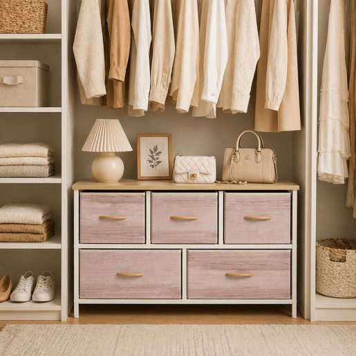 HOMCOM Cómoda com 5 Gavetas de Tecido Cómoda para Quarto Estrutura Metálica Cómoda para Sala Escritório Closet Madeira e Branco