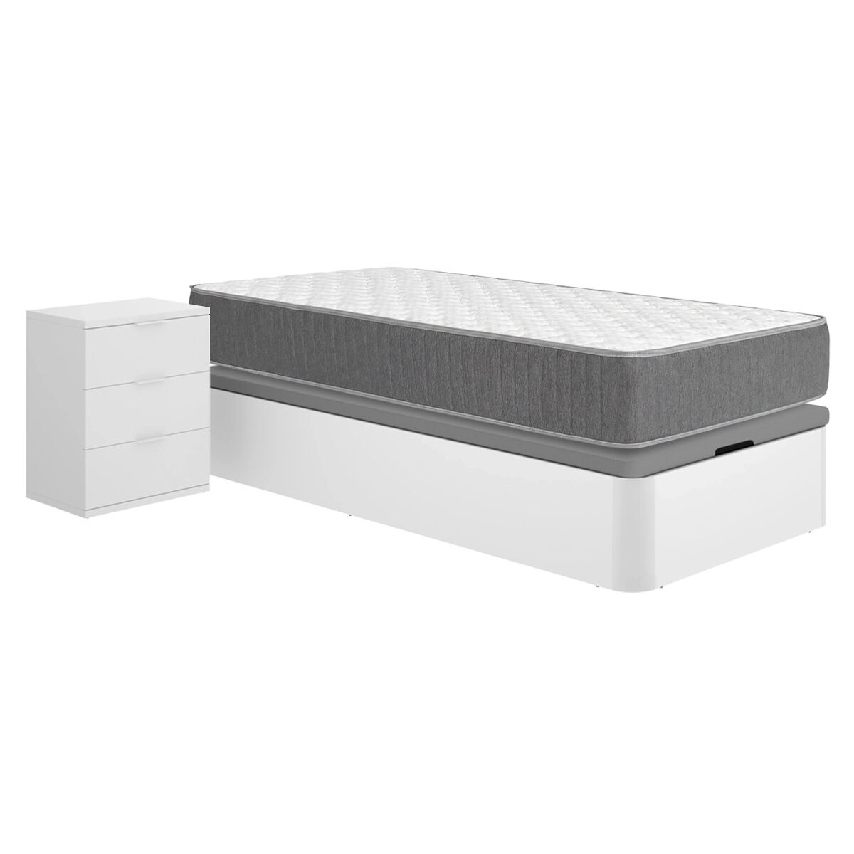 Pack ahorro juvenil canapé round con colchón aurea 90 x 190 cm y mesita de noche rio