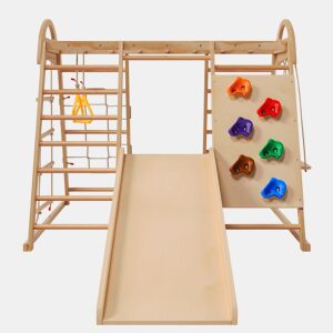 Estrutura de escalada multifuncional 7 em 1 - Madeira maciça, contraplacado e madeira de faia, com baloiço, escada, escorrega de escalada, rede de escalada, pedra de escalada em plástico, argolas - Natural