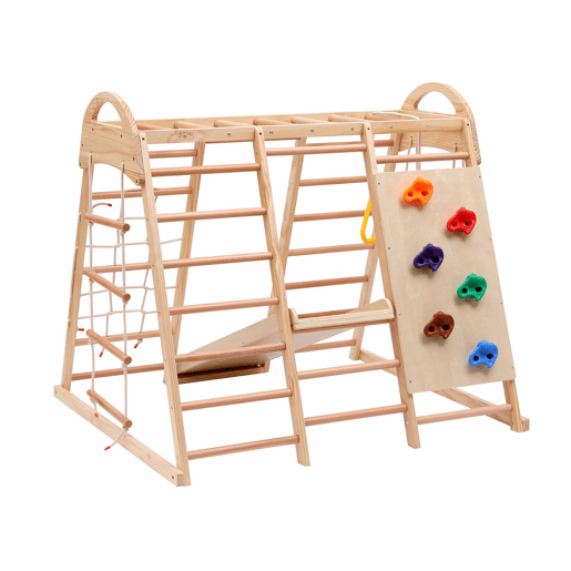 Estrutura de escalada multifuncional 7 em 1 - Madeira maciça, contraplacado e madeira de faia, com baloiço, escada, escorrega de escalada, rede de escalada, pedra de escalada em plástico, argolas - Natural