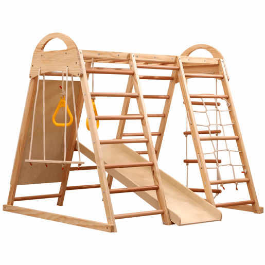 Estrutura de escalada multifuncional 7 em 1 - Madeira maciça, contraplacado e madeira de faia, com baloiço, escada, escorrega de escalada, rede de escalada, pedra de escalada em plástico, argolas - Natural