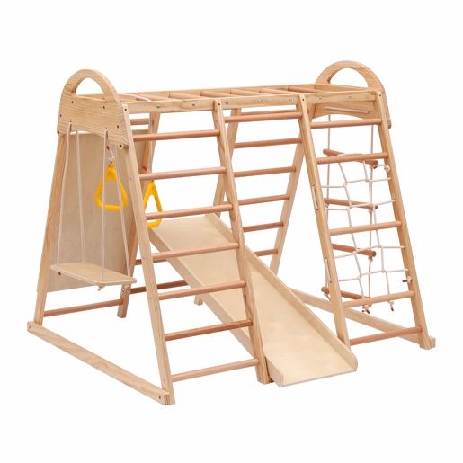 Estrutura de escalada multifuncional 7 em 1 - Madeira maciça, contraplacado e madeira de faia, com baloiço, escada, escorrega de escalada, rede de escalada, pedra de escalada em plástico, argolas - Natural