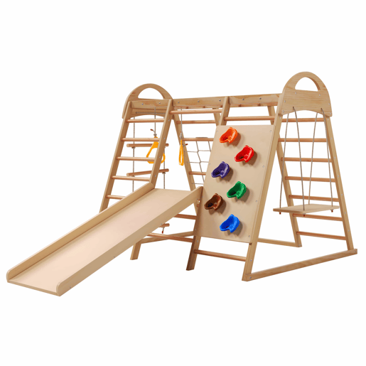 Estrutura de escalada multifuncional 7 em 1 - Madeira maciça, contraplacado e madeira de faia, com baloiço, escada, escorrega de escalada, rede de escalada, pedra de escalada em plástico, argolas - Natural