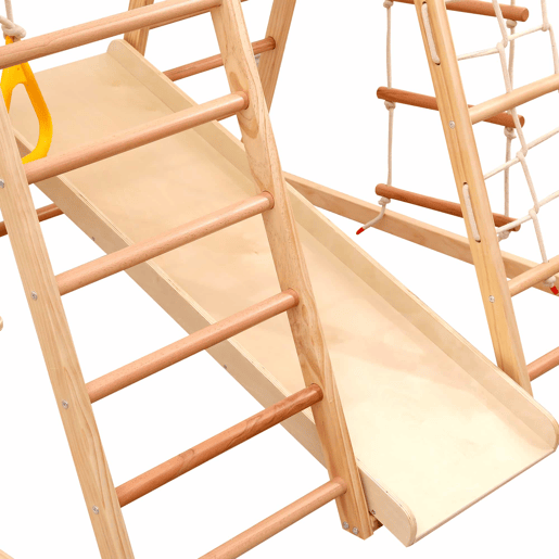 Estrutura de escalada multifuncional 7 em 1 - Madeira maciça, contraplacado e madeira de faia, com baloiço, escada, escorrega de escalada, rede de escalada, pedra de escalada em plástico, argolas - Natural