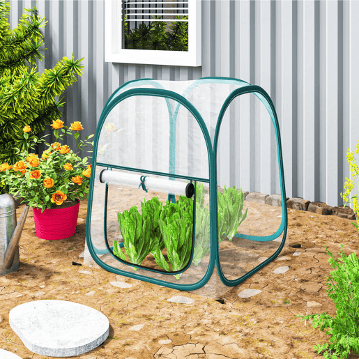 Outsunny Mini Estufa Dobrável Pop-up Estufa Exterior Transparente com Porta Enrolável e Cobertura de Plástico Contra o Vento para Cultivar Plantas e Flores 70x70x80 cm Transparente