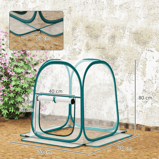 Outsunny Mini Estufa Dobrável Pop-up Estufa Exterior Transparente com Porta Enrolável e Cobertura de Plástico Contra o Vento para Cultivar Plantas e Flores 70x70x80 cm Transparente